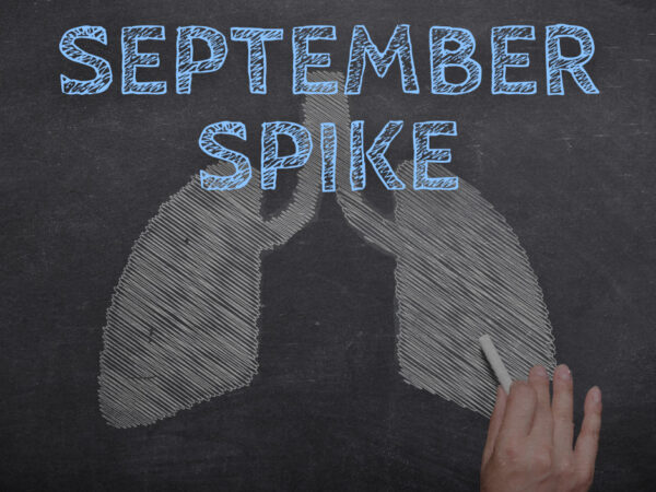 A photo of a chalkboard with lungs drawn on it with white chalk. Text overlayed on the image reads "September Spike".